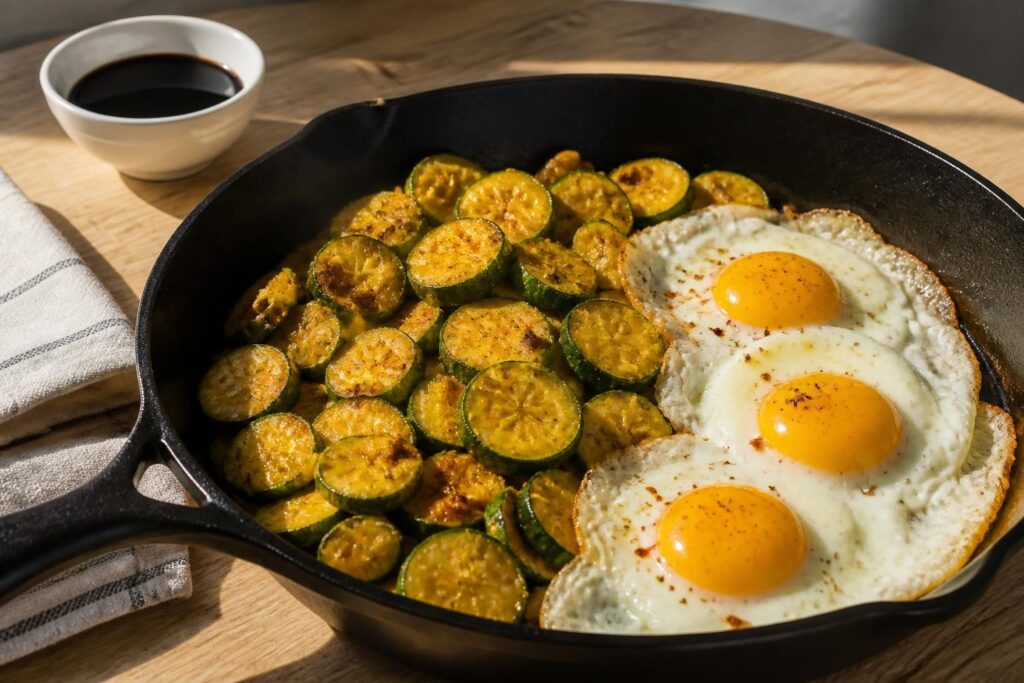 découvrez une recette simple et savoureuse de courgettes à la poêle, relevée aux saveurs curry, accompagnée d'œufs ou d'une délicieuse sauce soja.
