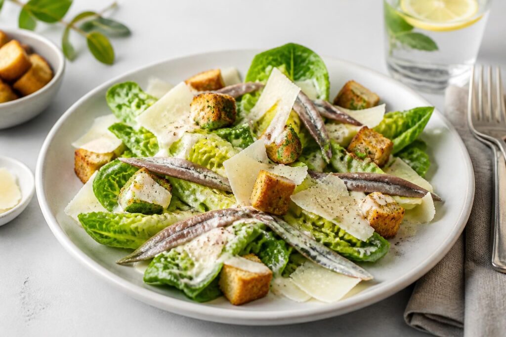 découvrez notre salade césar aux anchois, une revisite gourmande qui allie saveurs traditionnelles et bien-être pour une expérience saine et délicieuse.