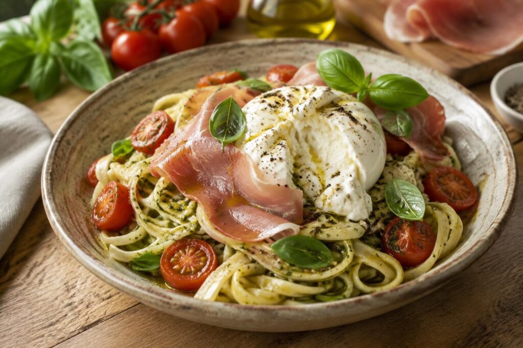 découvrez nos recettes de pâtes à la burrata, gourmandes et faciles à préparer, avec du pesto, des tomates juteuses ou du jambon cru.